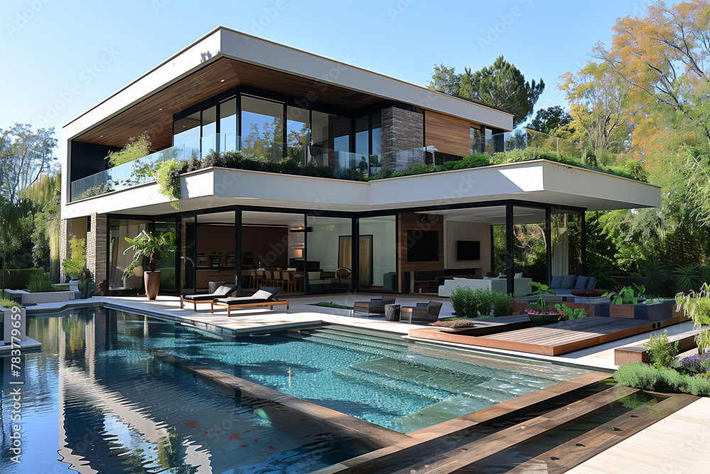 A modern large house with a pool in front of it mockup