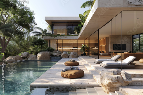 A modern house featuring a pool situated in the center of the structure mockup