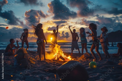 Joyful Beach Bonfire Gathering at Sunset with Friends © NS