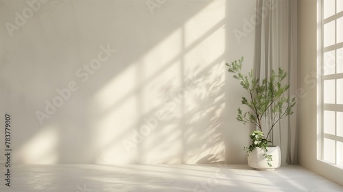 A simple, serene room filled with soft natural light, adorned with minimalist decor and a hint of aromatic herbs