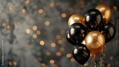 Black and golden balloons shimmering against a stylishly dark gray backdrop, evoking an atmosphere of opulence and jubilation, Solid Color Background