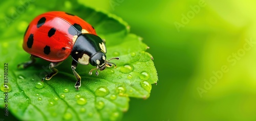 Macro photography, a vibrant red ladybug adorned with delicate black spots leisurely crawling on a lush green leaf © anupdebnath