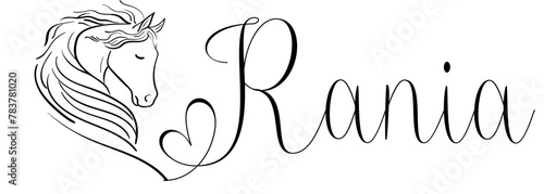 Rania - black color - name written - vector graphics with stylized horse with heart - for websites, greetings, banners, cards,tag, t-shirt, sweatshirt, prints, cricut, silhouette,