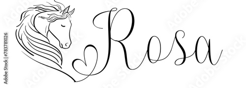 Rosa- black color - name written - vector graphics with stylized horse with heart - for websites, greetings, banners, cards,tag, t-shirt, sweatshirt, prints, cricut, silhouette,