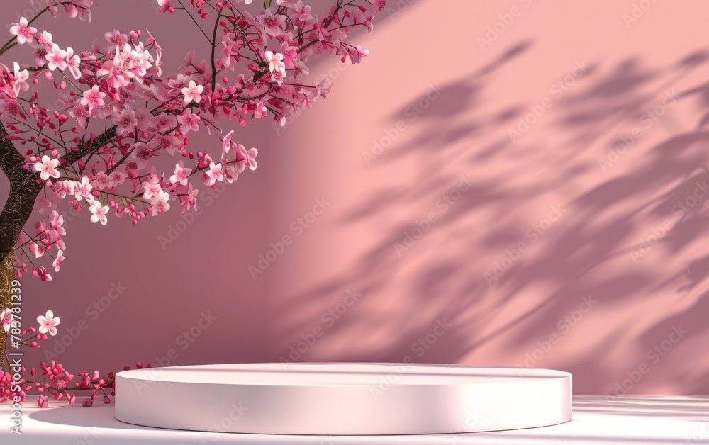 minimal abstract background, podium display with pink cherry bossom background for product presentation. 3d rendering minimal abstract background, podium display with pink cherry bossom background for product presentation. 3d rendering