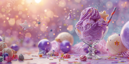Ube ice cream in dessert glass bowl,Delicious dessert,decorated with lollipops candy necklaces balloons stars streamers and glittering confetti, Hyper-realistic style, Generative AI photo