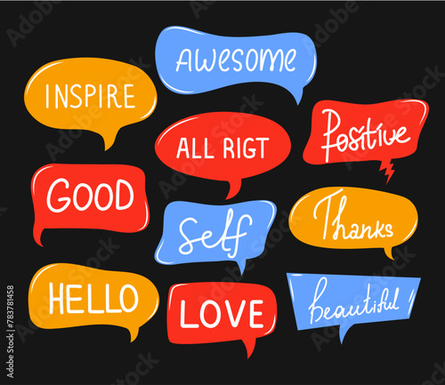 Set of speech bubbles and talks clouds with phrases. Comments and conversation. Hand drawn. Vector illustration. Isolated. Quotes and slang. Trendy comic style. Online chat. Conversation with words.