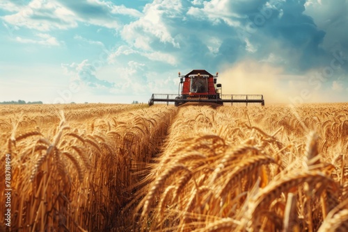 A combine harvester is harvesting wheat beneath a cloudy sky on a grassy plain
