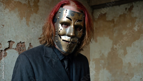A psychopath with red hair in a black suit and a metal mask photo