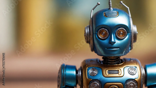 Vintage robot toy on blurred background, shallow depth of field