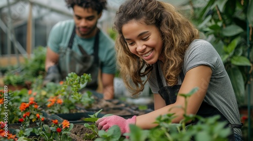 Contented, happy gardeners, a man and a woman, take care of bright flowers together, rejoicing at every bud in their blooming garden