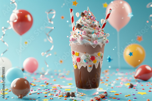 Chocolate milk shake, Delicious dessert,decorated with lollipops candy necklaces balloons stars streamers and glittering confetti, Hyper-realistic style, Generative AI