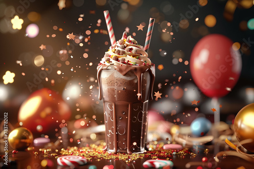 Chocolate milk shake, Delicious dessert,decorated with lollipops candy necklaces balloons stars streamers and glittering confetti, Hyper-realistic style, Generative AI