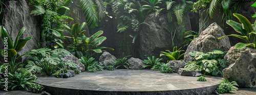 Tropical jungle 3D stand with stone and plant details, luxury green nature cosmetic podium