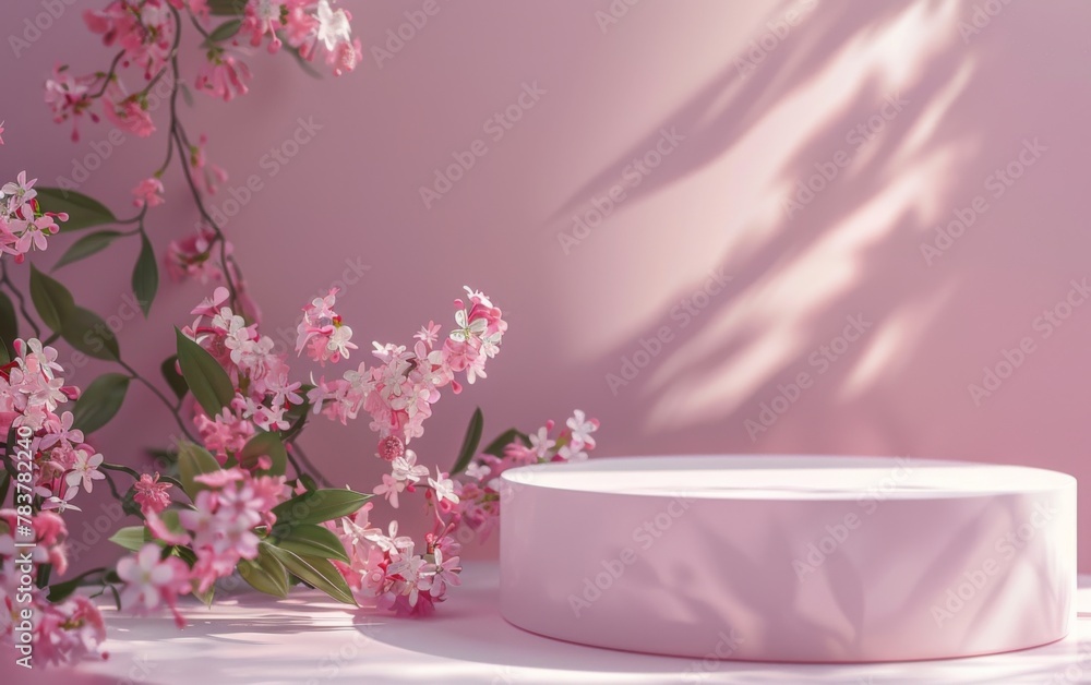 Obraz premium minimal abstract background, podium display with pink cherry bossom background for product presentation. 3d rendering