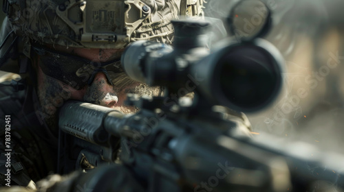 An intense moment captured as a soldier peers through a sniper scope amidst swirling smoke  highlighting danger and readiness
