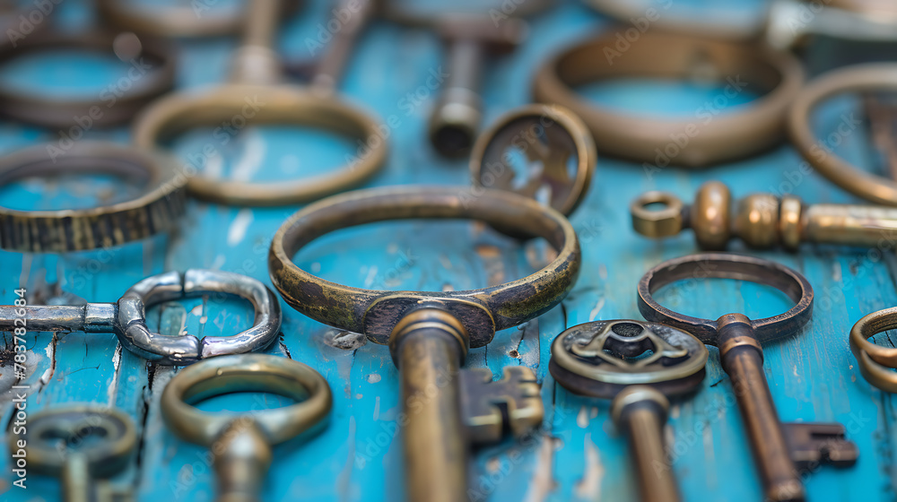Old keys on a blue wooden background. Selective focus. Vintage. Old keys on a blue wooden background. Selective focus. Vintage.