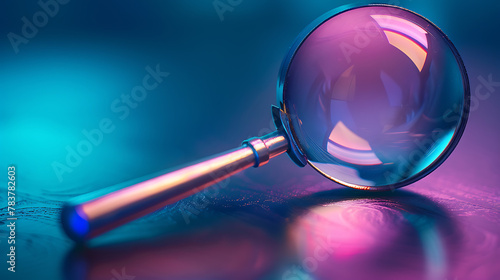 Magnifying glass on a dark background. 3D illustration. Lens flare. photo