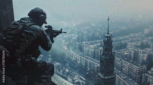 A lone soldier with a rifle surveils a sprawling city engulfed in twilight haze, depicting a moment of calm before potential conflict