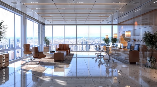 Sleek Executive Office Space with Panoramic Cityscape and Modern Furniture