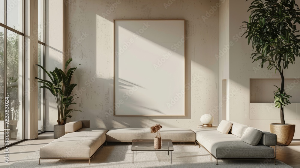 A 3D render of a sleek, modern living room with a large mock-up frame centered on a clean, white wall. The room features minimalist furniture, including a low-profile sofa and a glass coffee table. A 3D render of a sleek, modern living room with a large mock-up frame centered on a clean, white wall. The room features minimalist furniture, including a low-profile sofa and a glass coffee table.