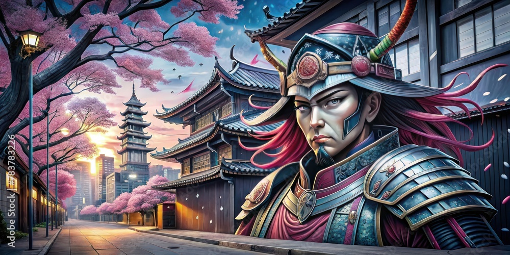 colorful graffiti on the street art on the wall Japanese samurai warriors and culture