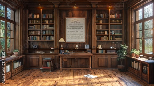 A 3D rendered cozy study room with warm wooden floors and bookshelves, featuring a mock-up frame above a classic writing desk. Ambient lighting from a vintage desk lamp casts a soft glow
