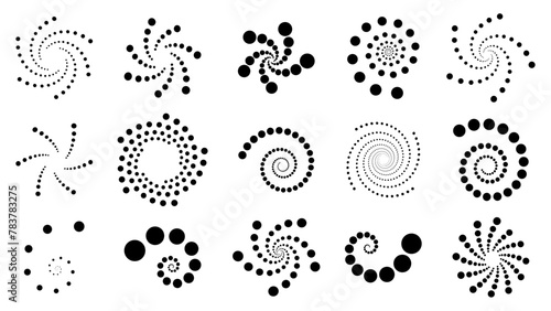 Set of black halftone dotted swirls, twists. Abstract geometric shape motion. Stars, galaxy, universe, cosmic aesthetic. Design elements collection for web pages, prints, posters, template.