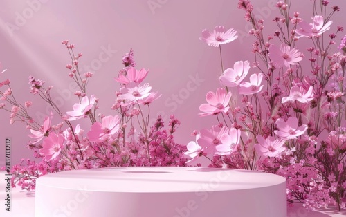 minimal abstract background, podium display with pink cherry bossom background for product presentation. 3d rendering photo