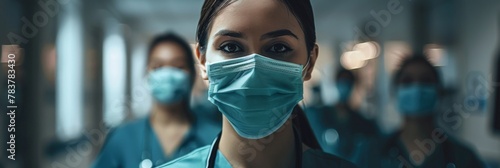Medical workers in professional clothes wearing masks standing on a blurred background of a hospital corridor