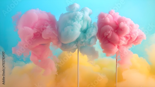 Cotton candy on sticks in teal, pink and lavender hues with dreamy smoke effect. Abstract sweet food background