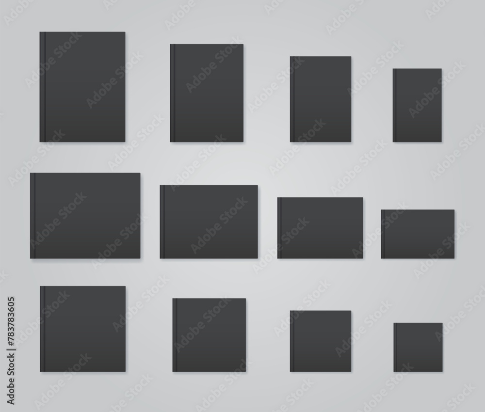 Blank black notebook different format. Standard book size mockup set Blank black notebook different format. Standard book size mockup set