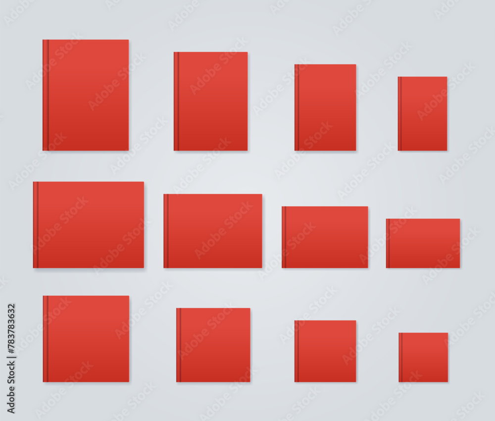 Blank red notebook different format. Standard book size mockup set Blank red notebook different format. Standard book size mockup set