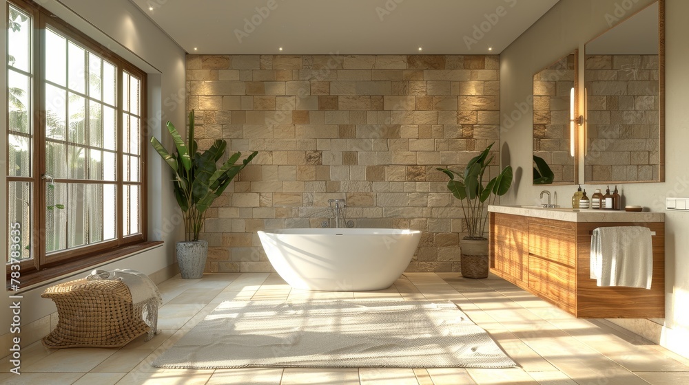A 3D-rendered spacious bathroom with a freestanding tub, large mirrors, and ample wall space for copy. The room features natural stone tiles and is lit by a combination of overhead and natural light A 3D-rendered spacious bathroom with a freestanding tub, large mirrors, and ample wall space for copy. The room features natural stone tiles and is lit by a combination of overhead and natural light