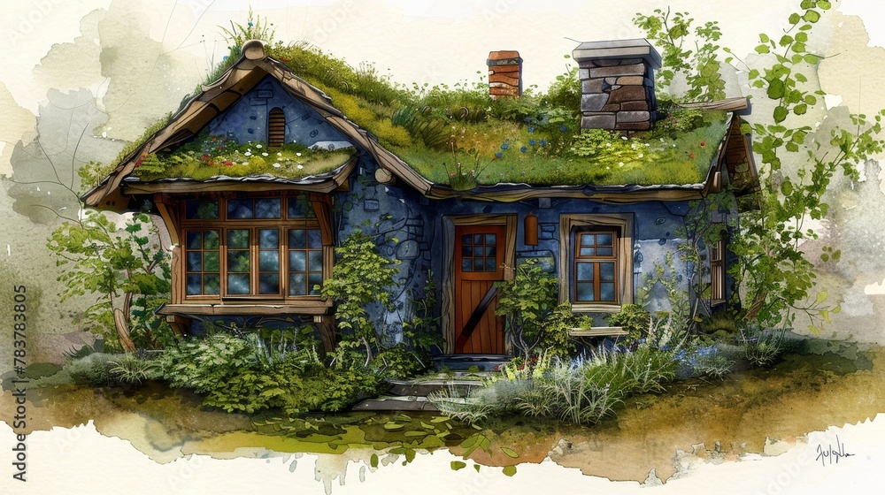 a cabin in the woods that prioritizes sustainability with a green roof and natural stone walls. a cabin in the woods that prioritizes sustainability with a green roof and natural stone walls.
