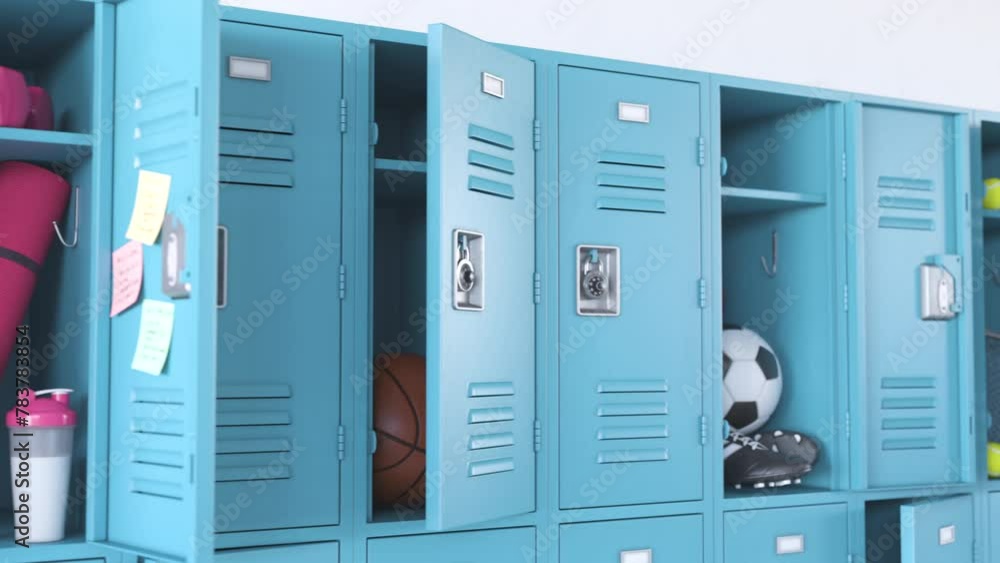 Sport games concept. Locker room in a school with various types of sports equipment. 3d animation Sport games concept. Locker room in a school with various types of sports equipment. 3d animation