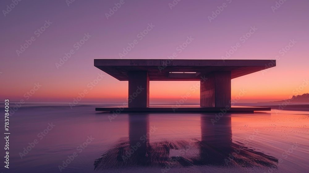 A minimalist concrete pavilion on the beach, blending modern architecture with natural landscapes.