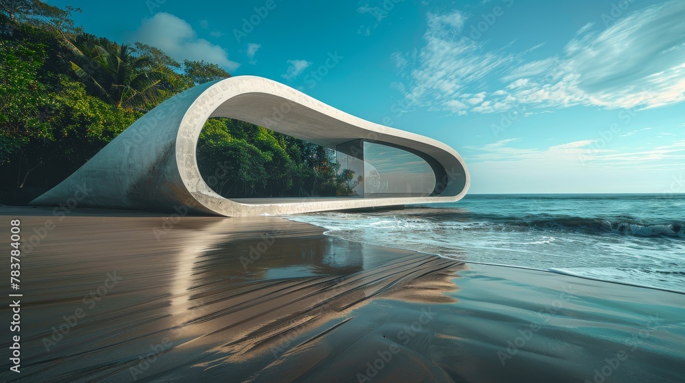 Fototapeta premium Beach house with curved design and reflection pool at sunset.