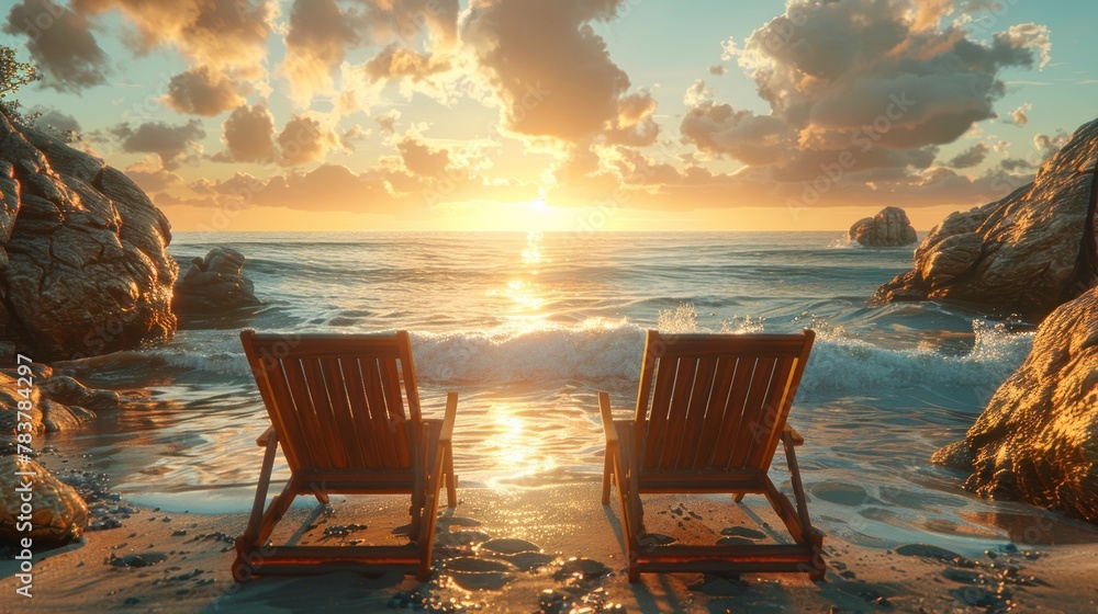 Sunset Beach Chairs - obrazy, fototapety, plakaty 