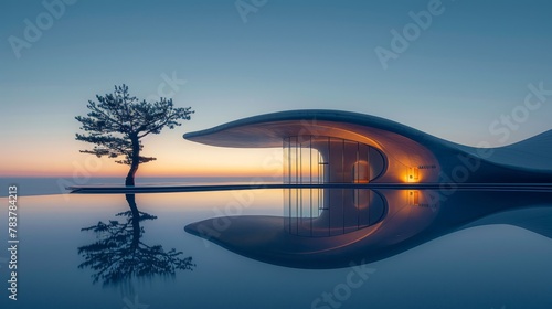 the warm glow of the setting sun on a curvilinear, modernist building with its striking silhouette mirrored on a reflective water surface. photo