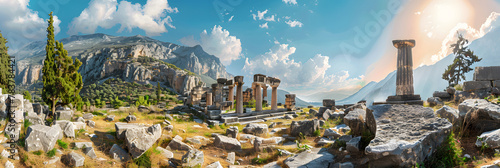 Ancient temple in Greece, view of Greek ruins on mountain and sky background, landscape with old historical building, sun and rocks. Theme of antique, travel and culture photo
