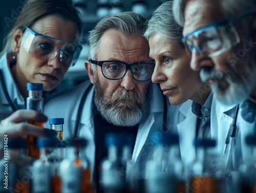 A group of scientists are looking at a bunch of bottles. Scene is serious and focused