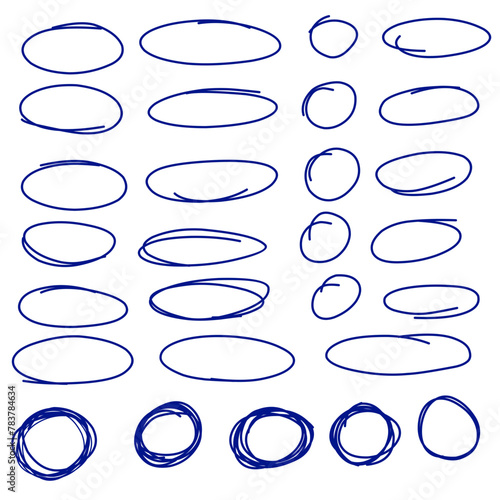collection of handdrawn oval and circular marker highlight doodles, editable stroke, vector illustration