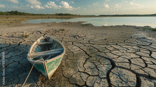 A serene lake that has dried up, a boat stranded in the cracked mud, showcasing the effects of prolonged droughts