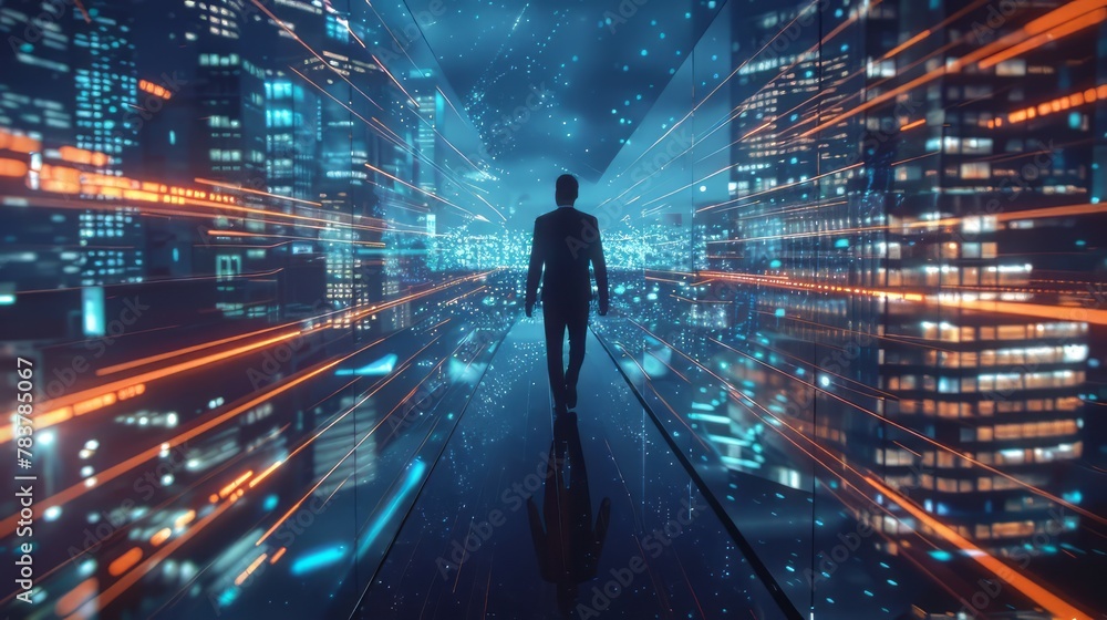 A man walks through a city with buildings in the background. The city is illuminated with bright lights, creating a futuristic and modern atmosphere
