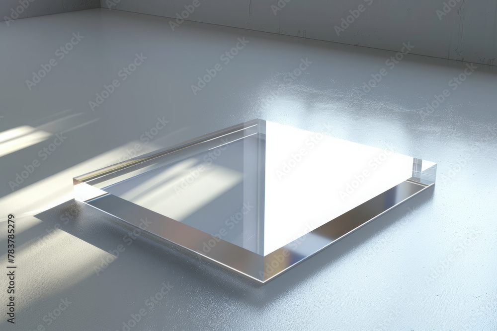 A futuristic 3D scene with an acrylic platform, illuminated by sunlight, featuring a sleek, transparent finish with a glossy surface. Use shadows to enhance the transparency and depth of the platform.