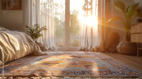 Close-up of a patterned area rug in a bohemian-inspired bedroom, modern interior design, scandinavian style hyperrealistic photography