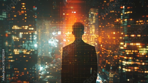 A man is standing in a city at night  looking up at the sky. The city is lit up with bright lights  creating a sense of energy and excitement. The man is lost in thought