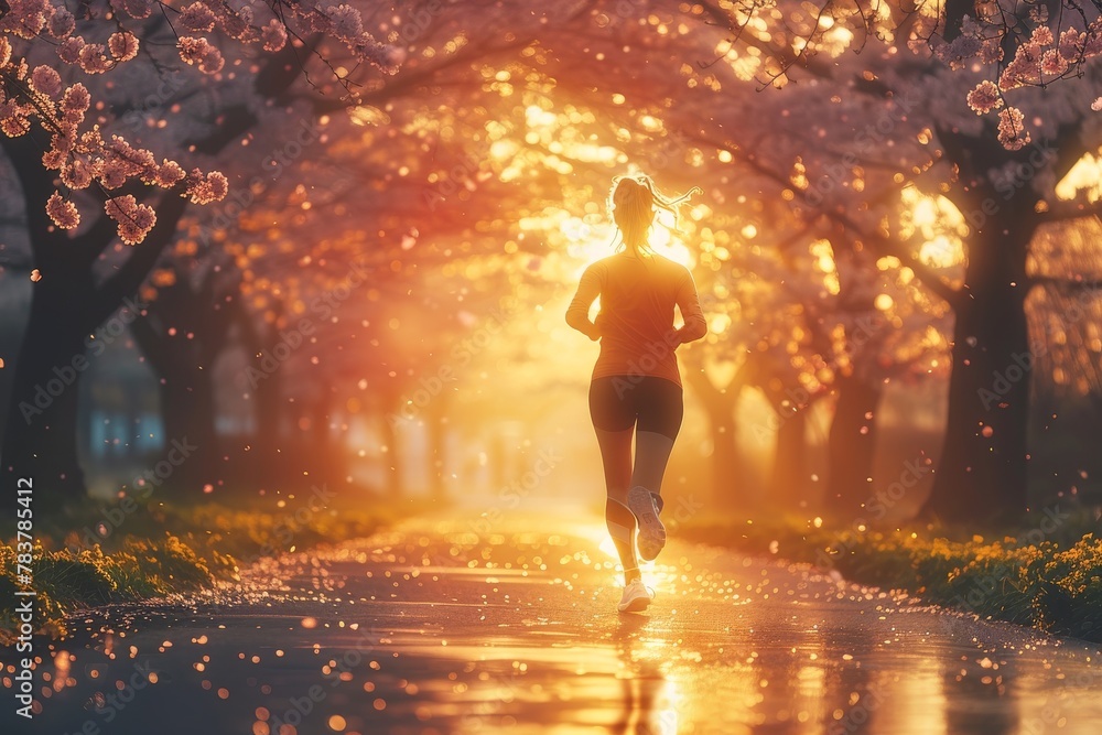 A health-conscious woman enjoys a peaceful run through a stunning avenue of blooming cherry blossoms A health-conscious woman enjoys a peaceful run through a stunning avenue of blooming cherry blossoms