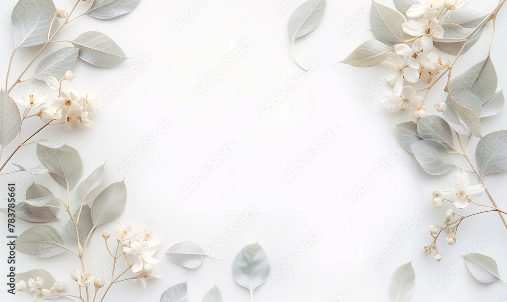 Tender light pastel light frame made of white leaves and flowers on white background for invitation postcard for wedding or festive event Tender light pastel light frame made of white leaves and flowers on white background for invitation postcard for wedding or festive event